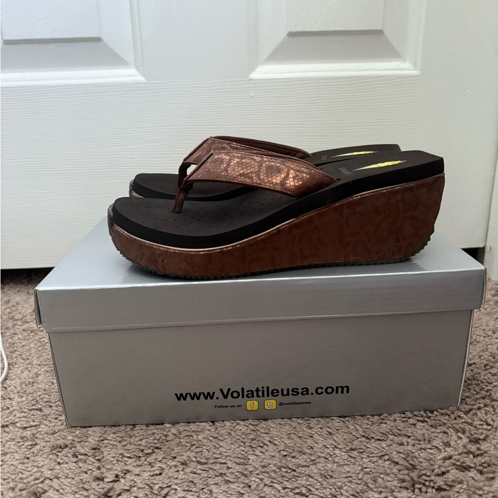 Volatile Bronze and Brown Wedge Sandals
